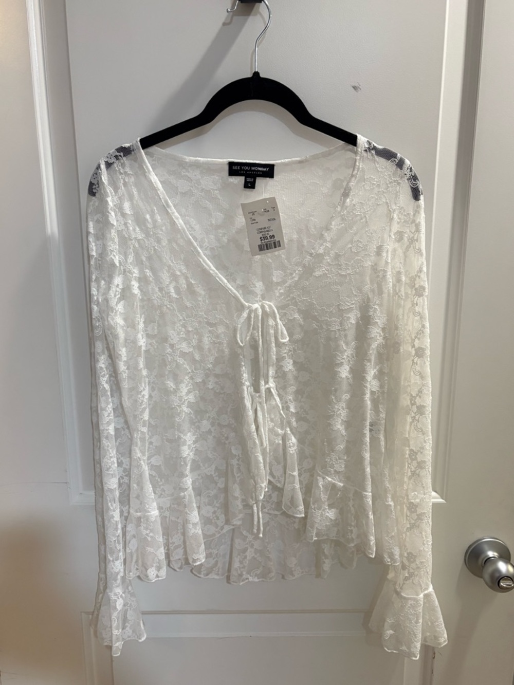 White Lace Front-Tie long Sleeve Blouse
